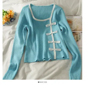 Color matching bow decoration slim long sleeve sweater  2076