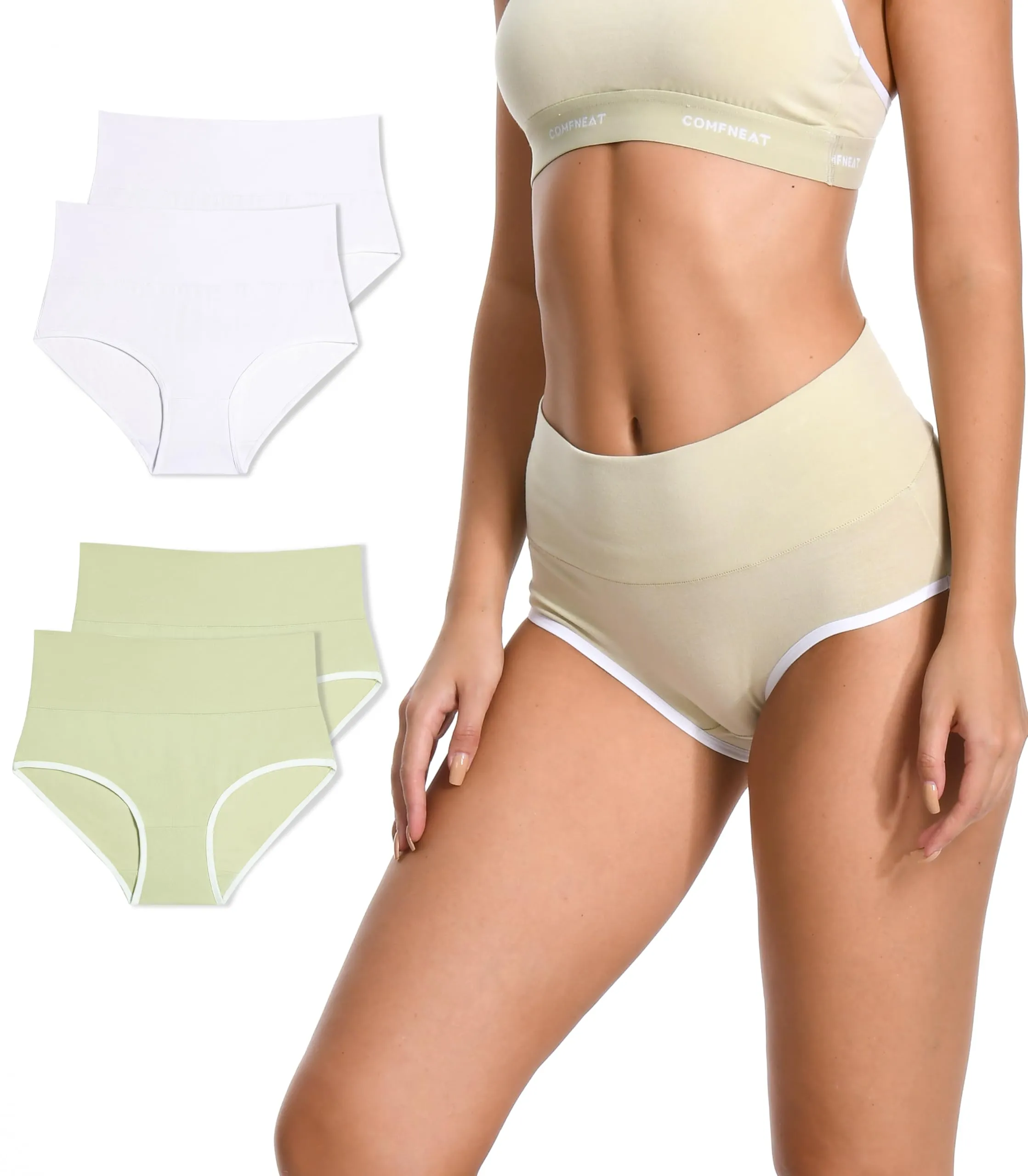 Comfneat Women's 4-Pack High Waisted Briefs Stretchy Cotton Spandex Underwear