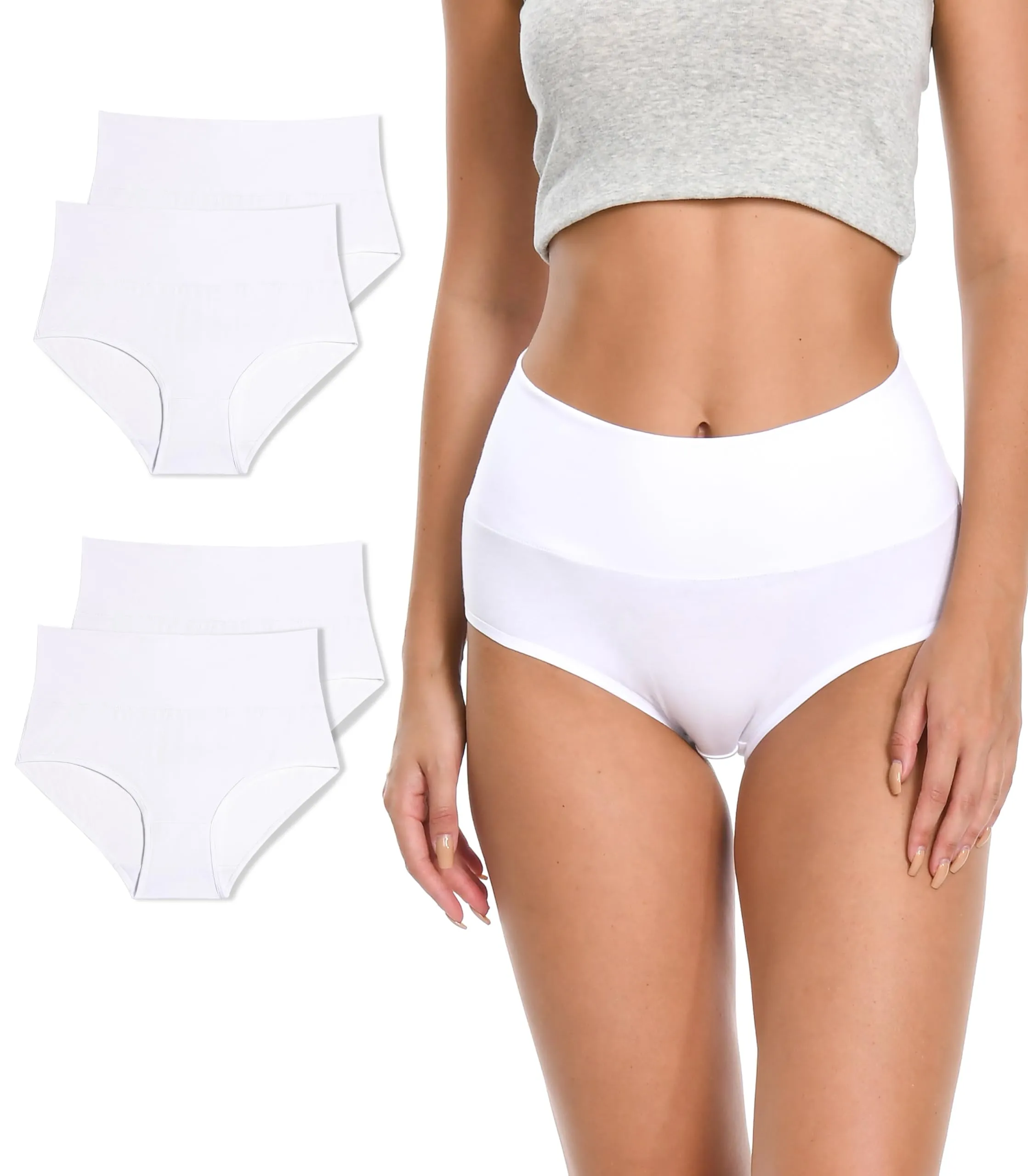 Comfneat Women's 4-Pack High Waisted Briefs Stretchy Cotton Spandex Underwear