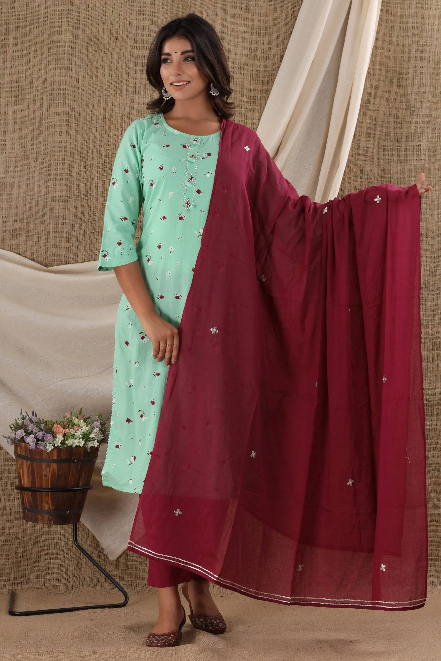 Cotton Green Printed Suit Set with Dupatta