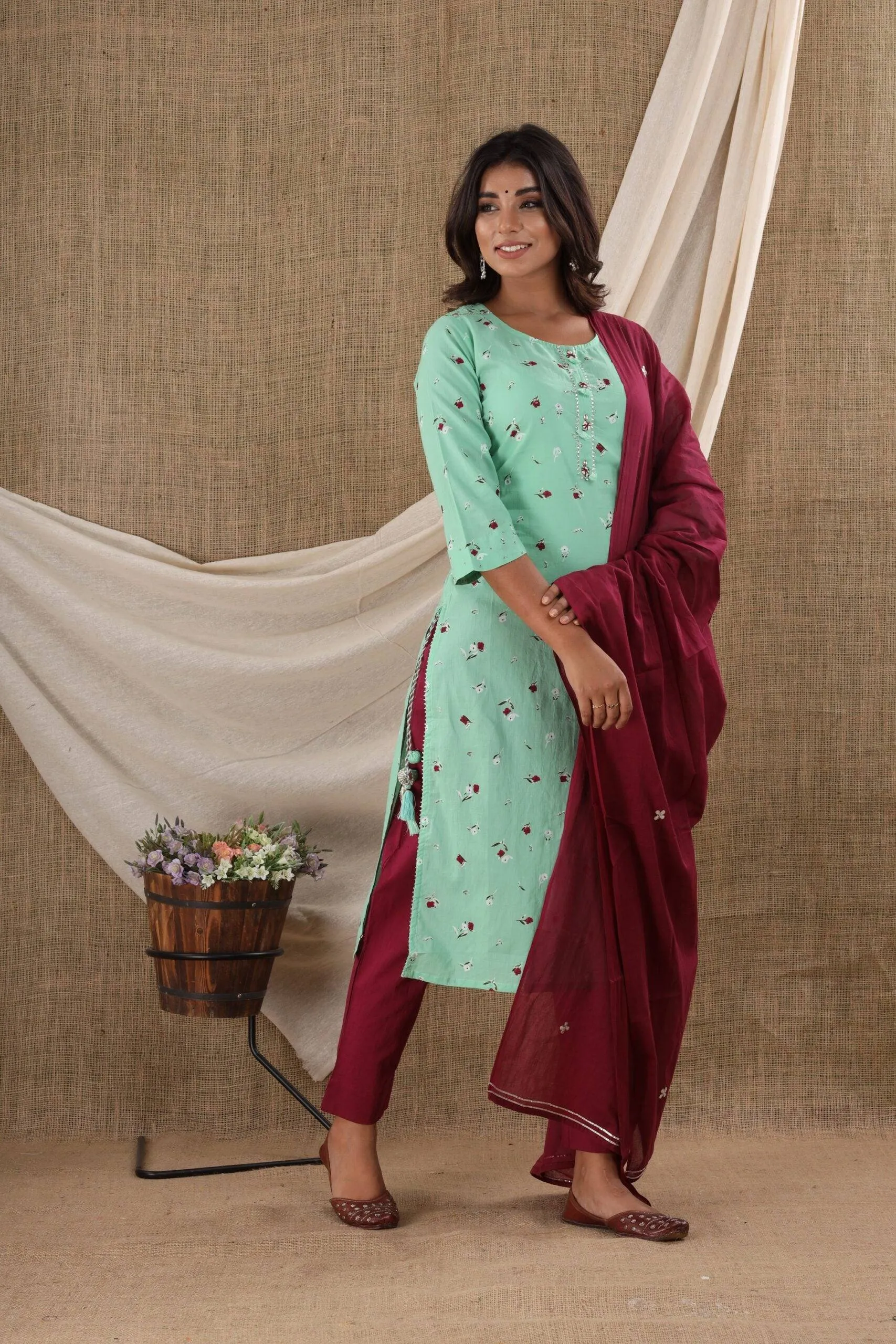 Cotton Green Printed Suit Set with Dupatta