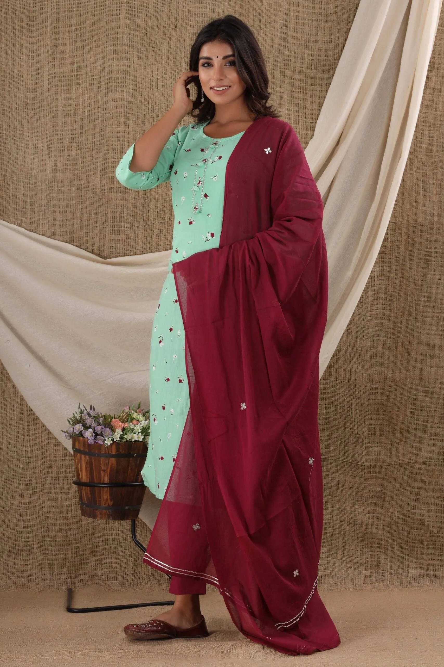 Cotton Green Printed Suit Set with Dupatta