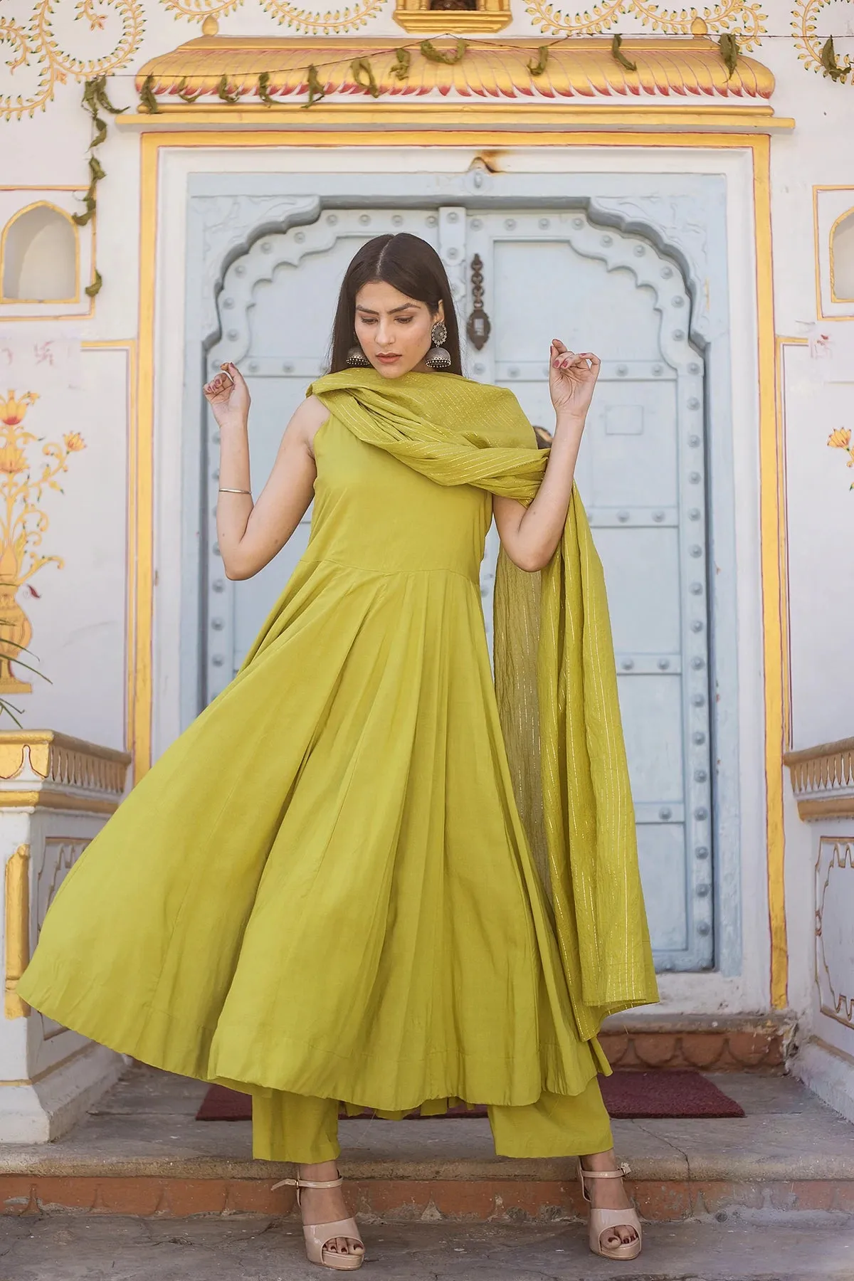 Cotton Rayon Green Anarkali Set