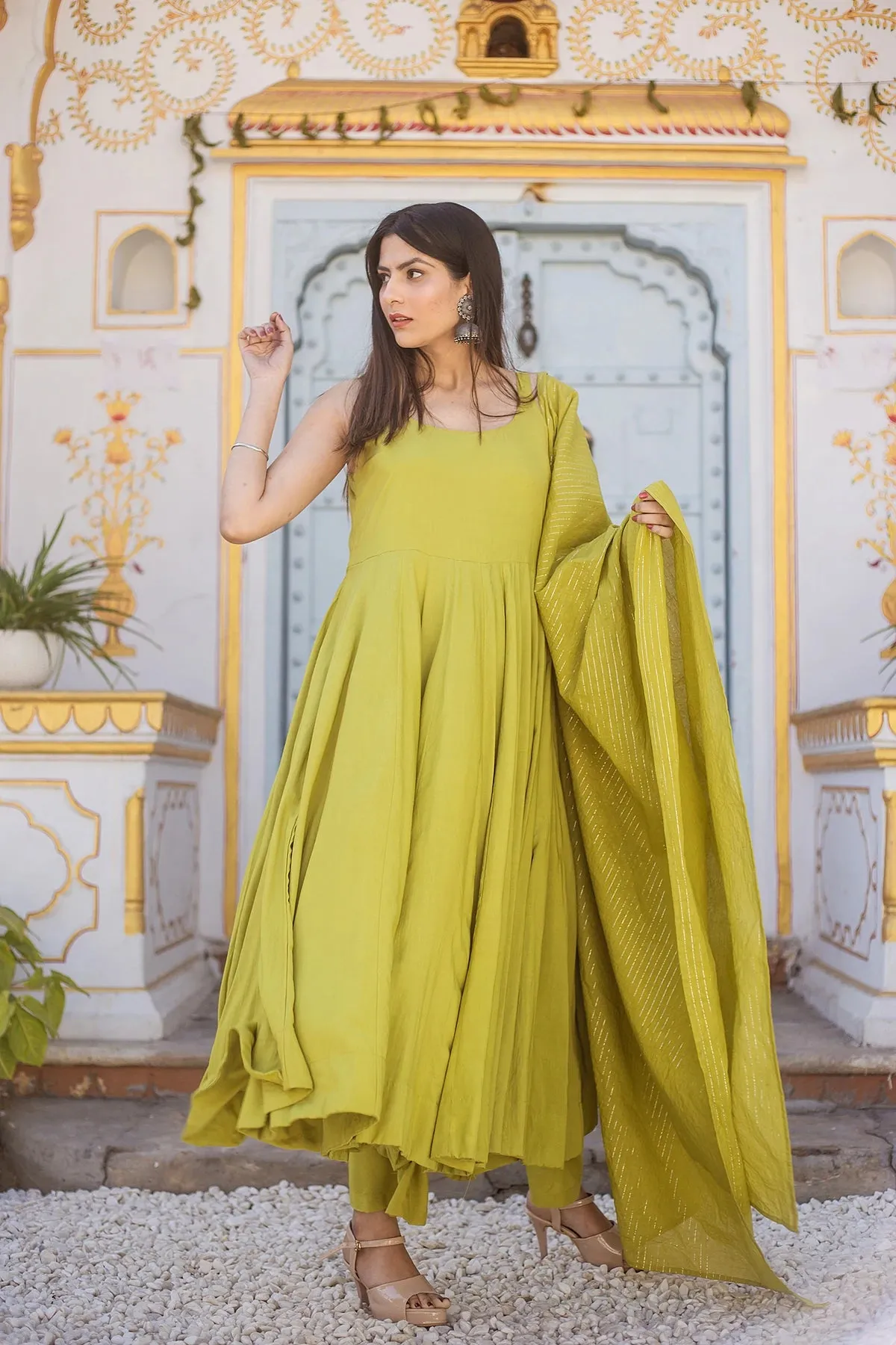 Cotton Rayon Green Anarkali Set