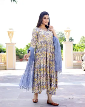 Cotton Yellow & Grey Hand Block Print Anarkali Kurta Set