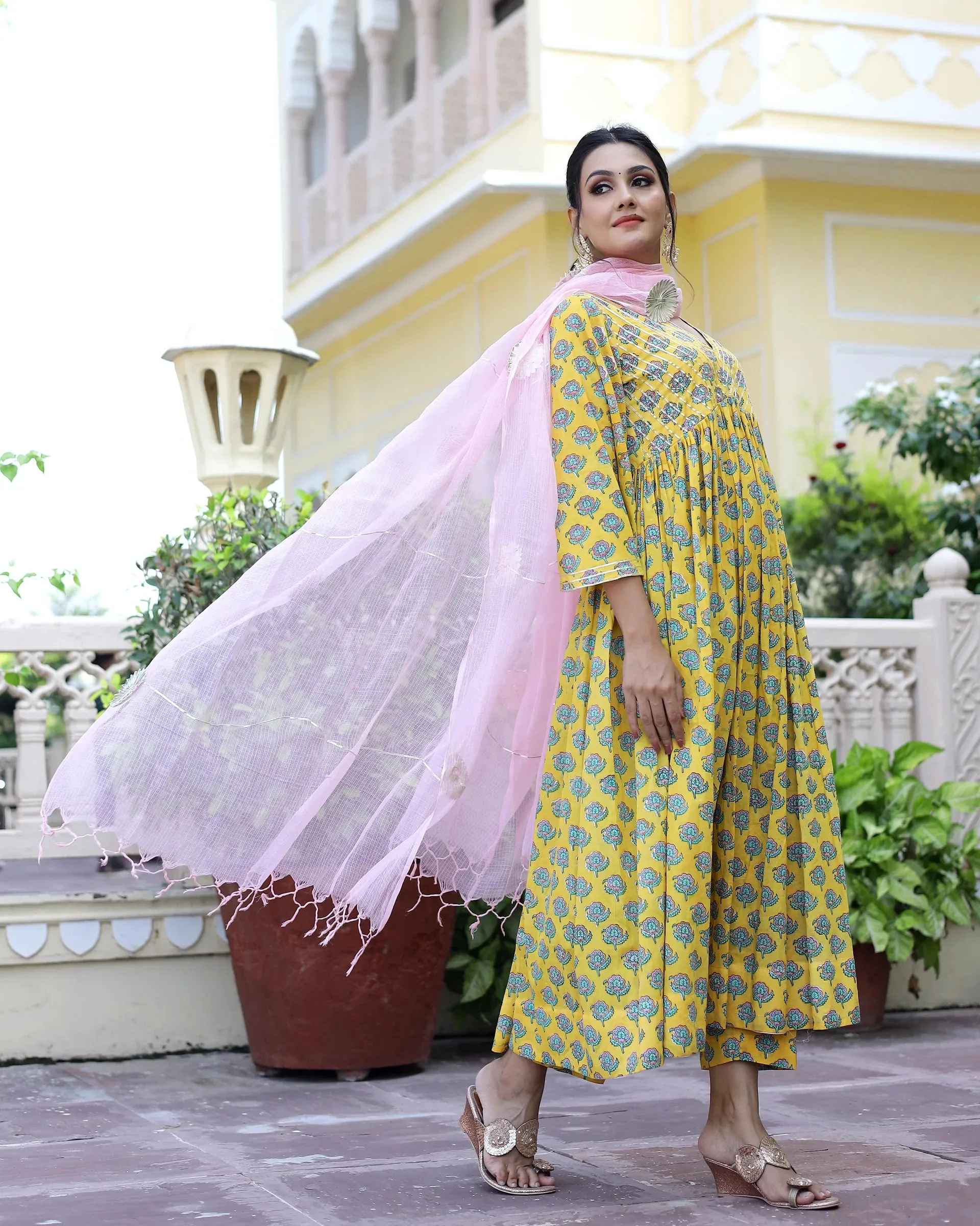 Cotton Yellow Hand Block Print Anarkali Kurta Set