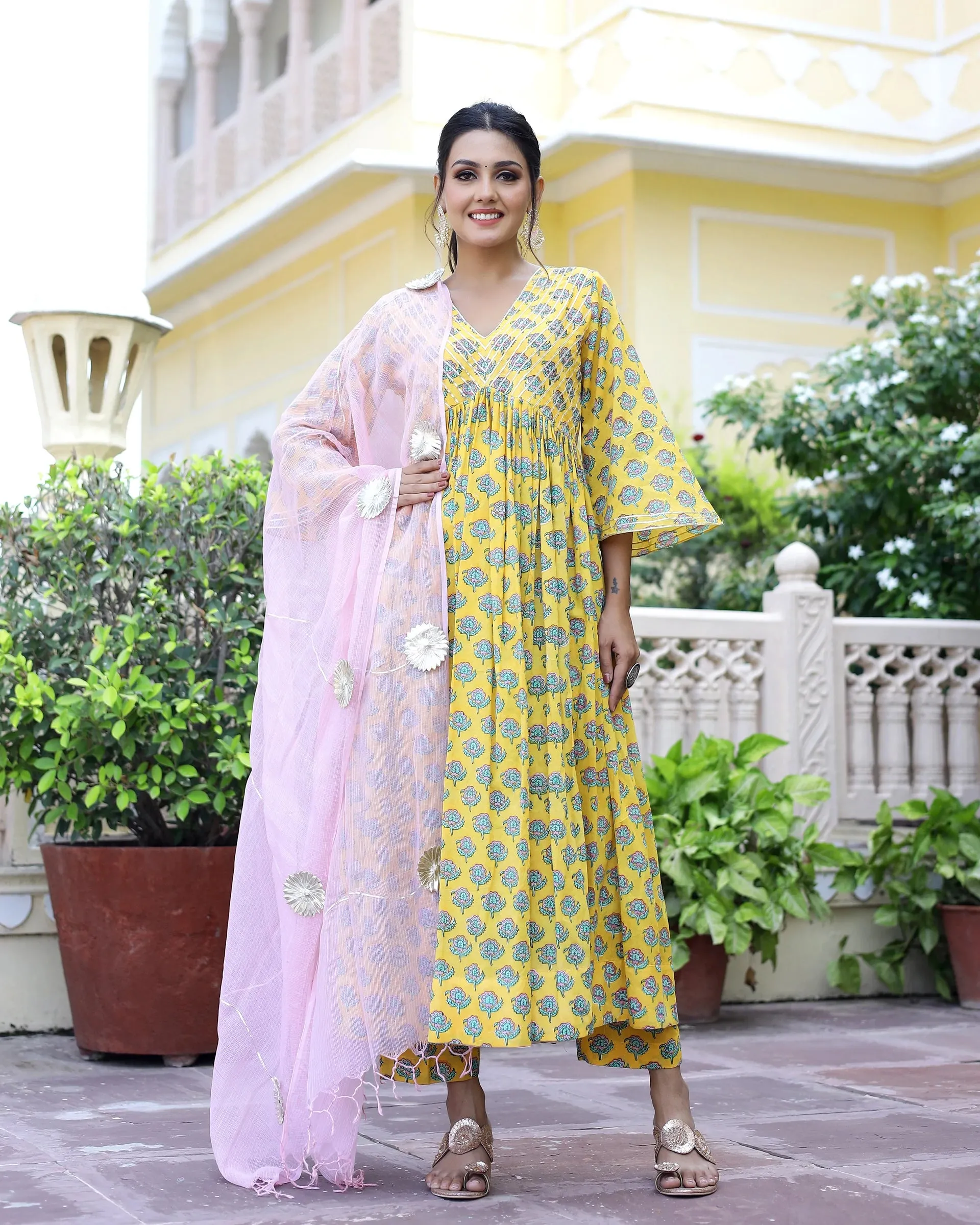 Cotton Yellow Hand Block Print Anarkali Kurta Set