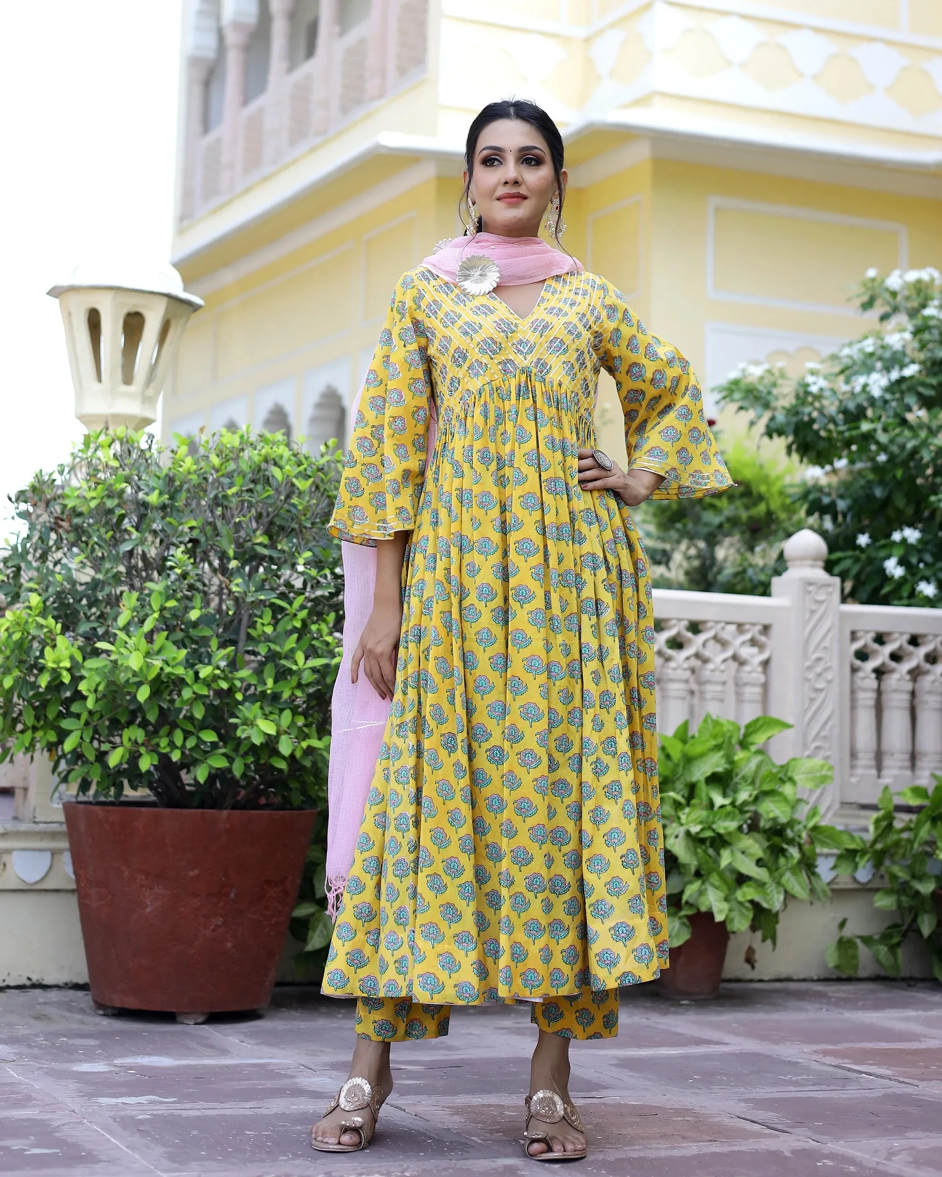 Cotton Yellow Hand Block Print Anarkali Kurta Set