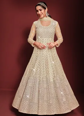 Cream Beige Sequence Embroidery Festive Anarkali Gown