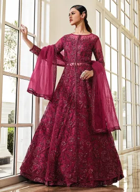 Dark Pink Sequence Embroidered Designer Anarkali Lehenga/Pant Suit