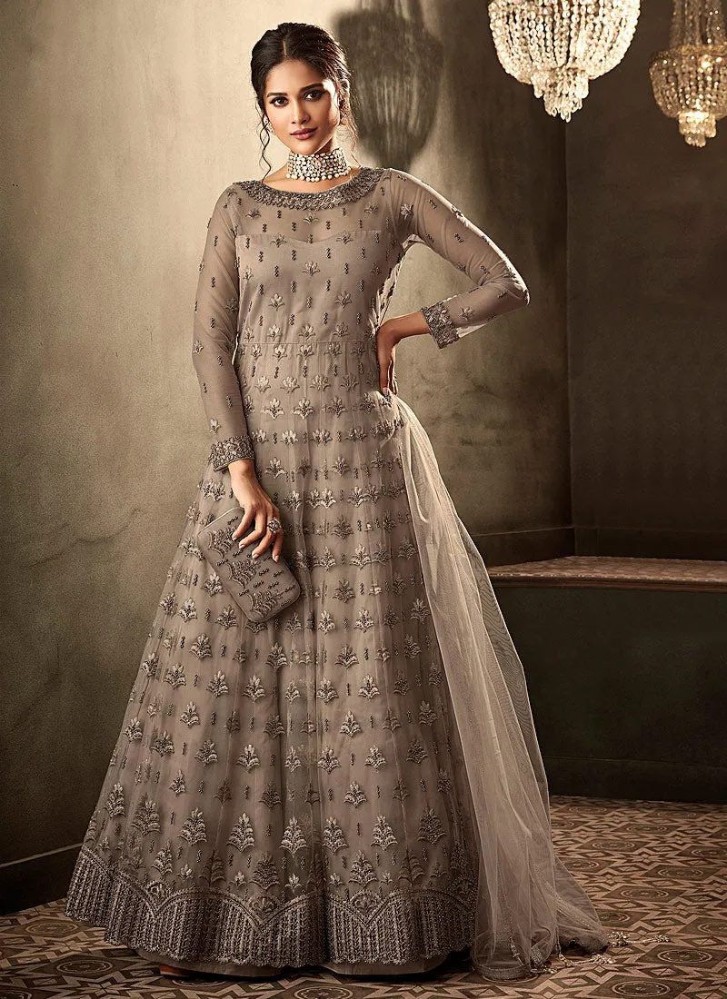 Deep Grey Embroidered Anarkali Gown