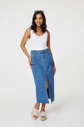 Denim High Waist Split Midi Skirt