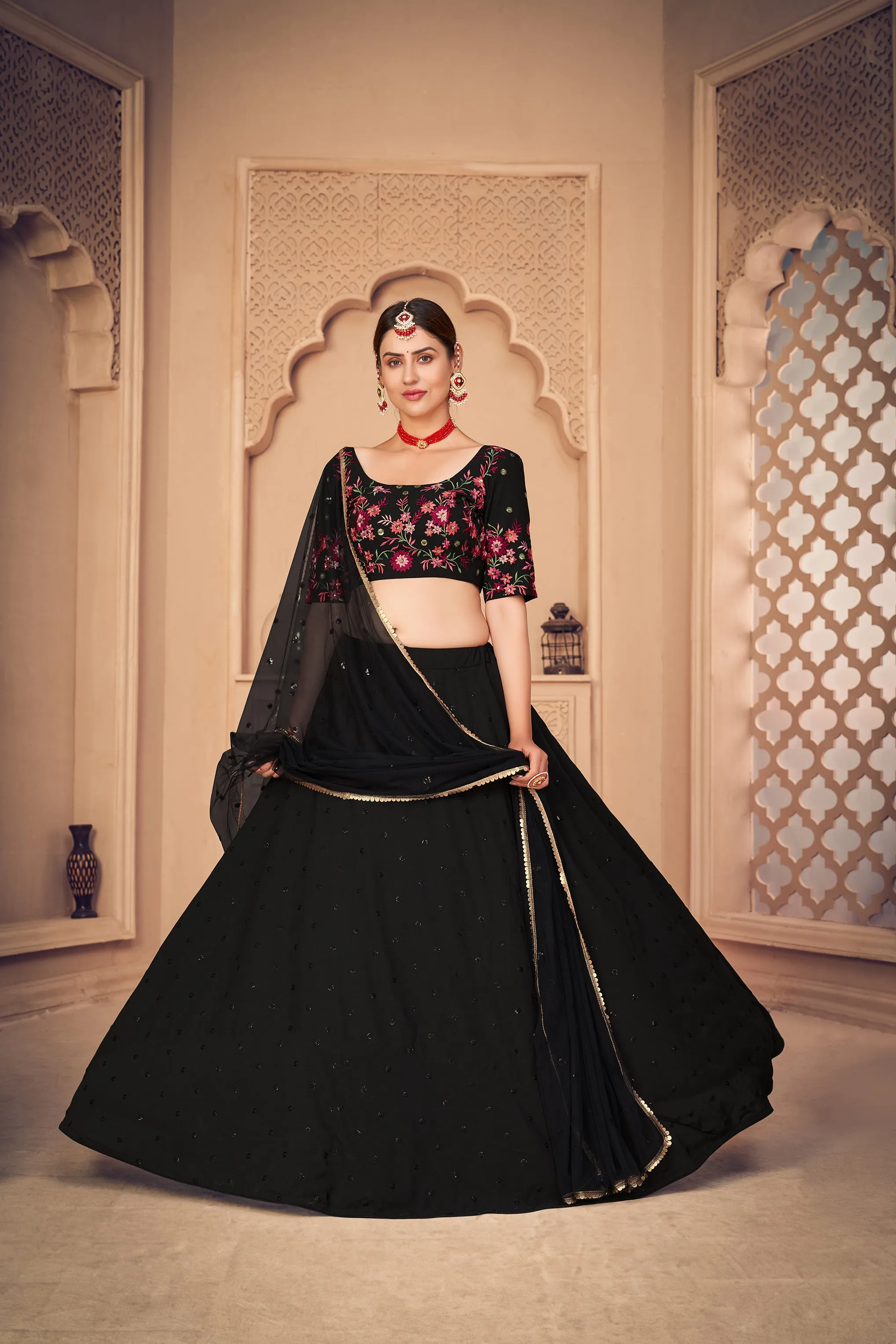 Designer Black Thread And Sequins Embroidered Georgette Semi Stitched Bridal Lehenga