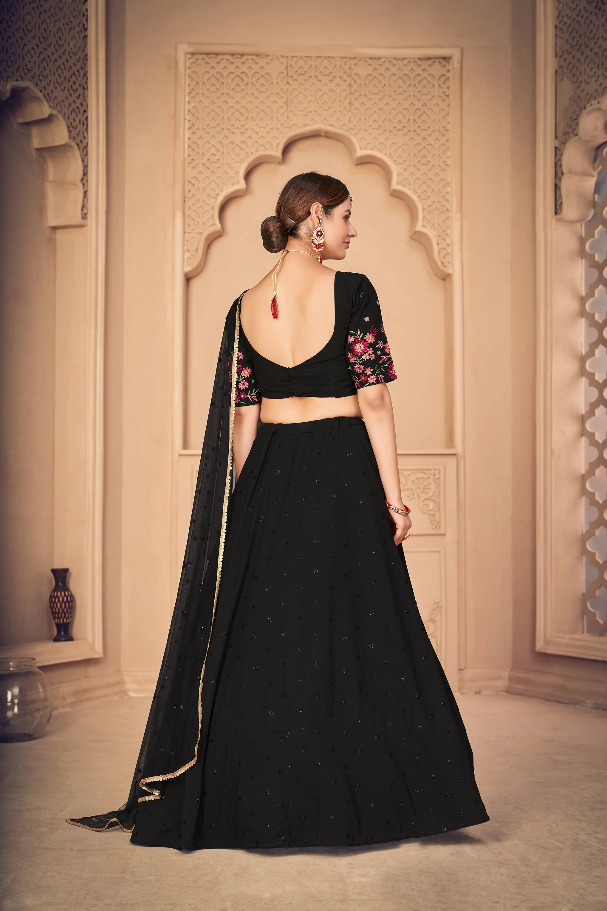 Designer Black Thread And Sequins Embroidered Georgette Semi Stitched Bridal Lehenga