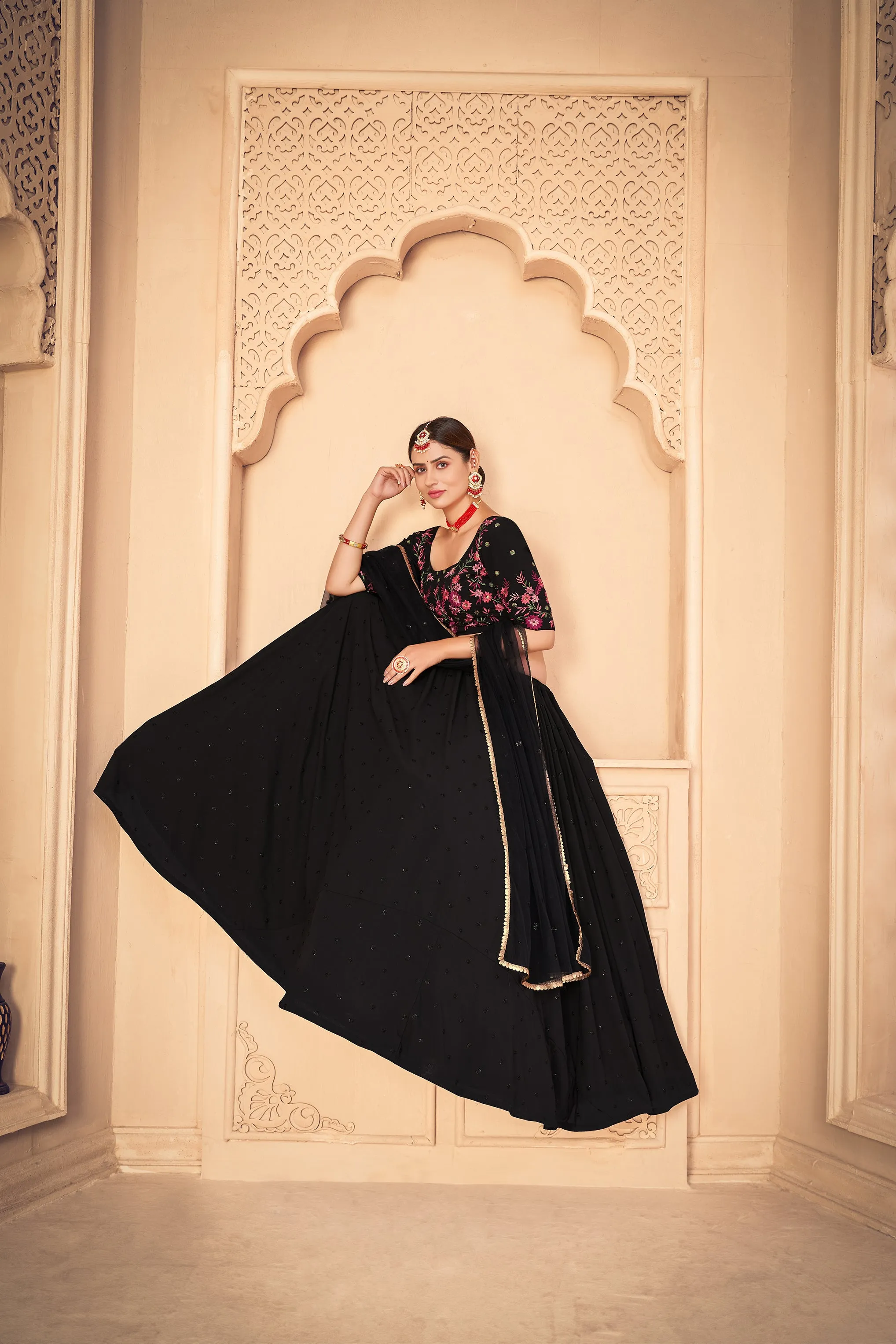 Designer Black Thread And Sequins Embroidered Georgette Semi Stitched Bridal Lehenga