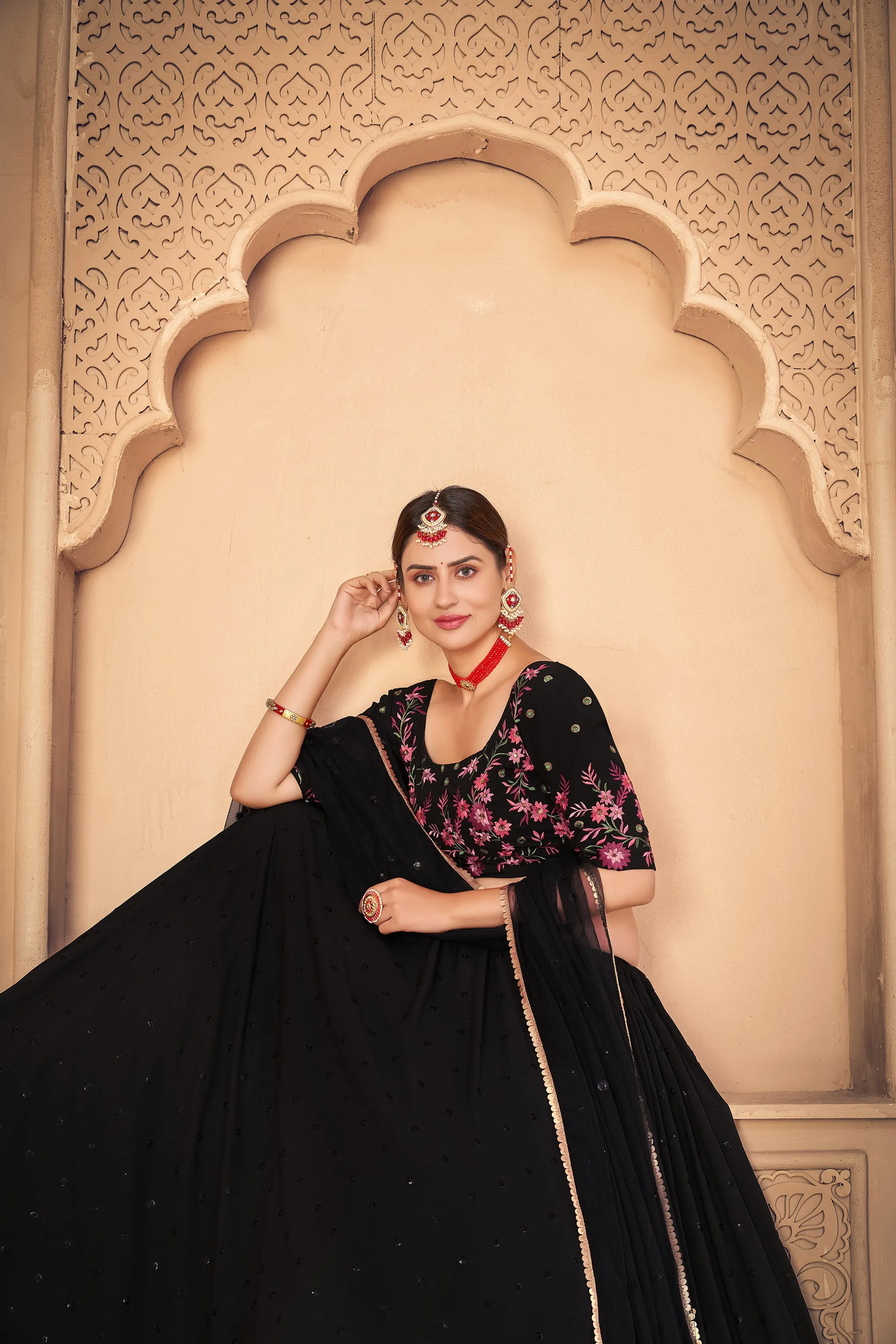 Designer Black Thread And Sequins Embroidered Georgette Semi Stitched Bridal Lehenga