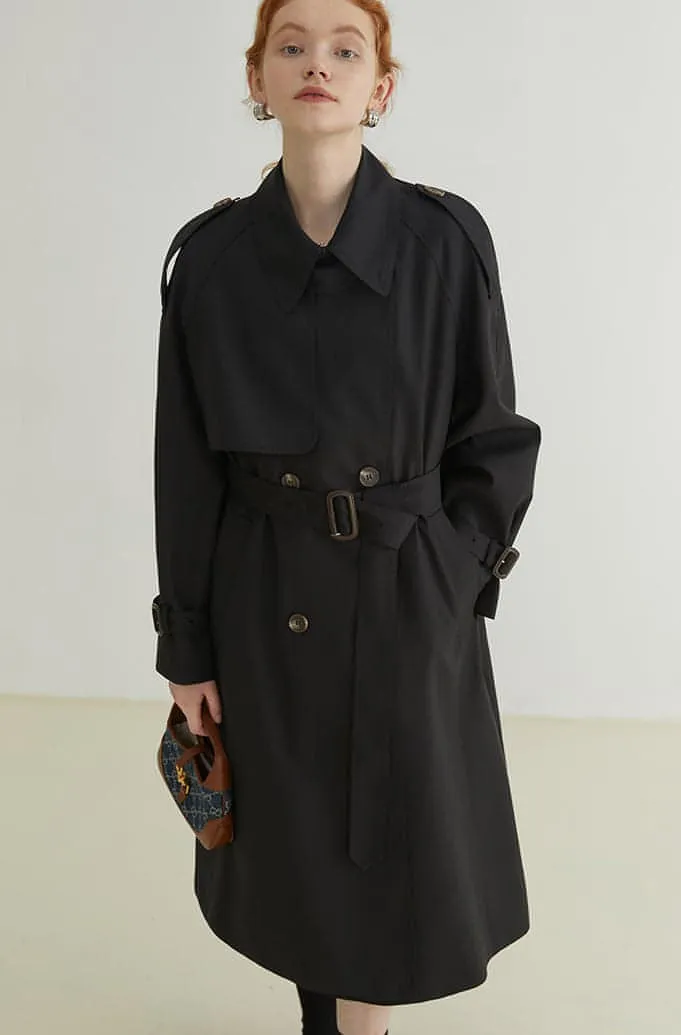 Double-Breasted Loose Mid-Length Melton Trench Coat