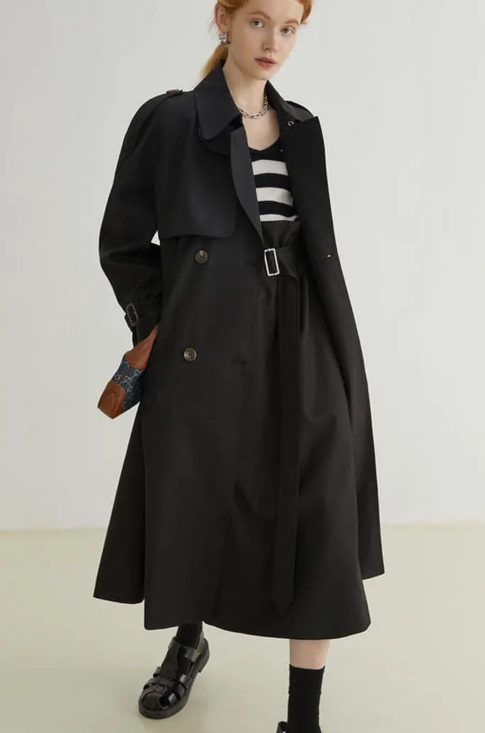 Double-Breasted Loose Mid-Length Melton Trench Coat