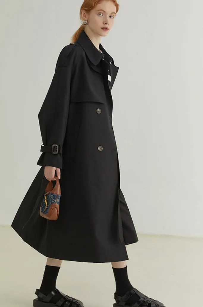 Double-Breasted Loose Mid-Length Melton Trench Coat