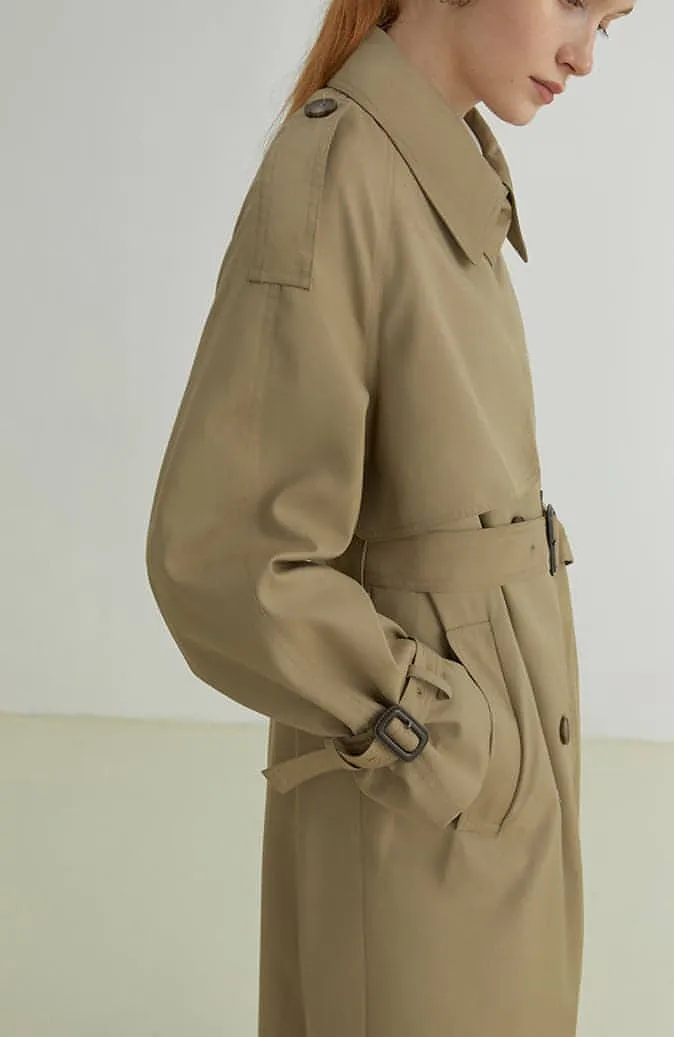 Double-Breasted Loose Mid-Length Melton Trench Coat