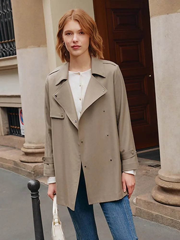 Dusty Olive Worsted Wool Lapel Crop Trench Coat