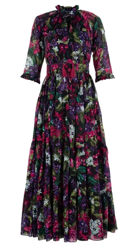 Eden Dress Crew Neck 3/4 Sleeve with Hamilton Belt Maxi Length Cotton Musola (Barbados Flower Ground)