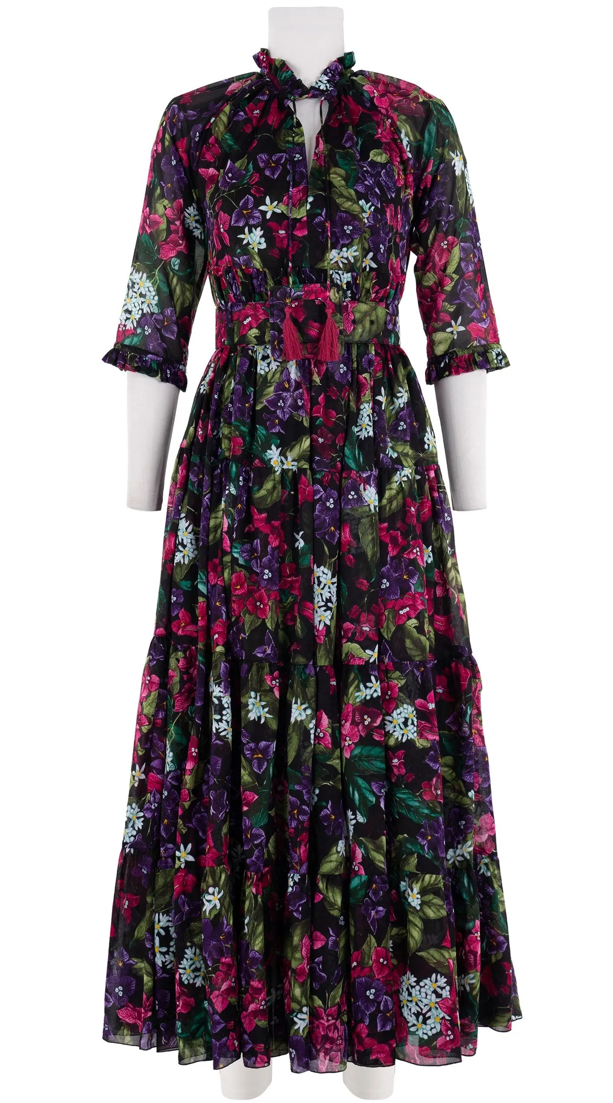 Eden Dress Crew Neck 3/4 Sleeve with Hamilton Belt Maxi Length Cotton Musola (Barbados Flower Ground)