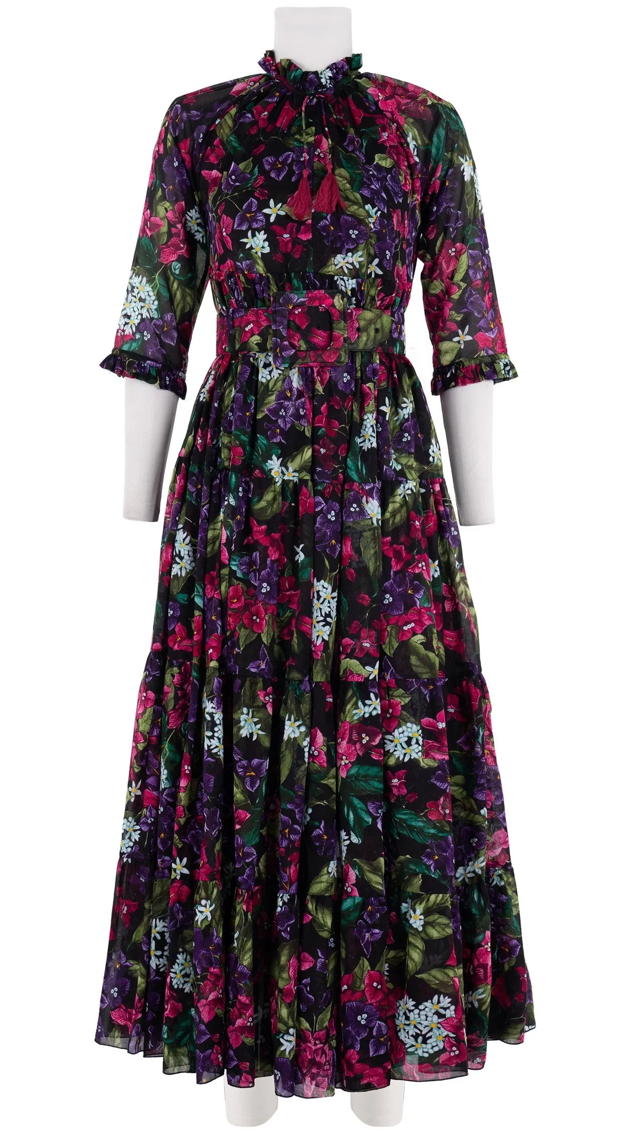 Eden Dress Crew Neck 3/4 Sleeve with Hamilton Belt Maxi Length Cotton Musola (Barbados Flower Ground)