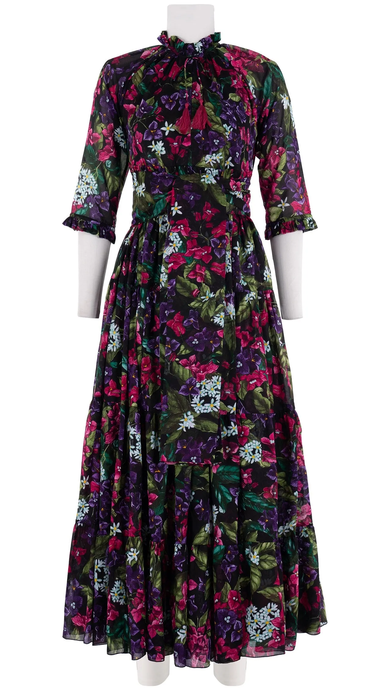 Eden Dress Crew Neck 3/4 Sleeve with Hamilton Belt Maxi Length Cotton Musola (Barbados Flower Ground)