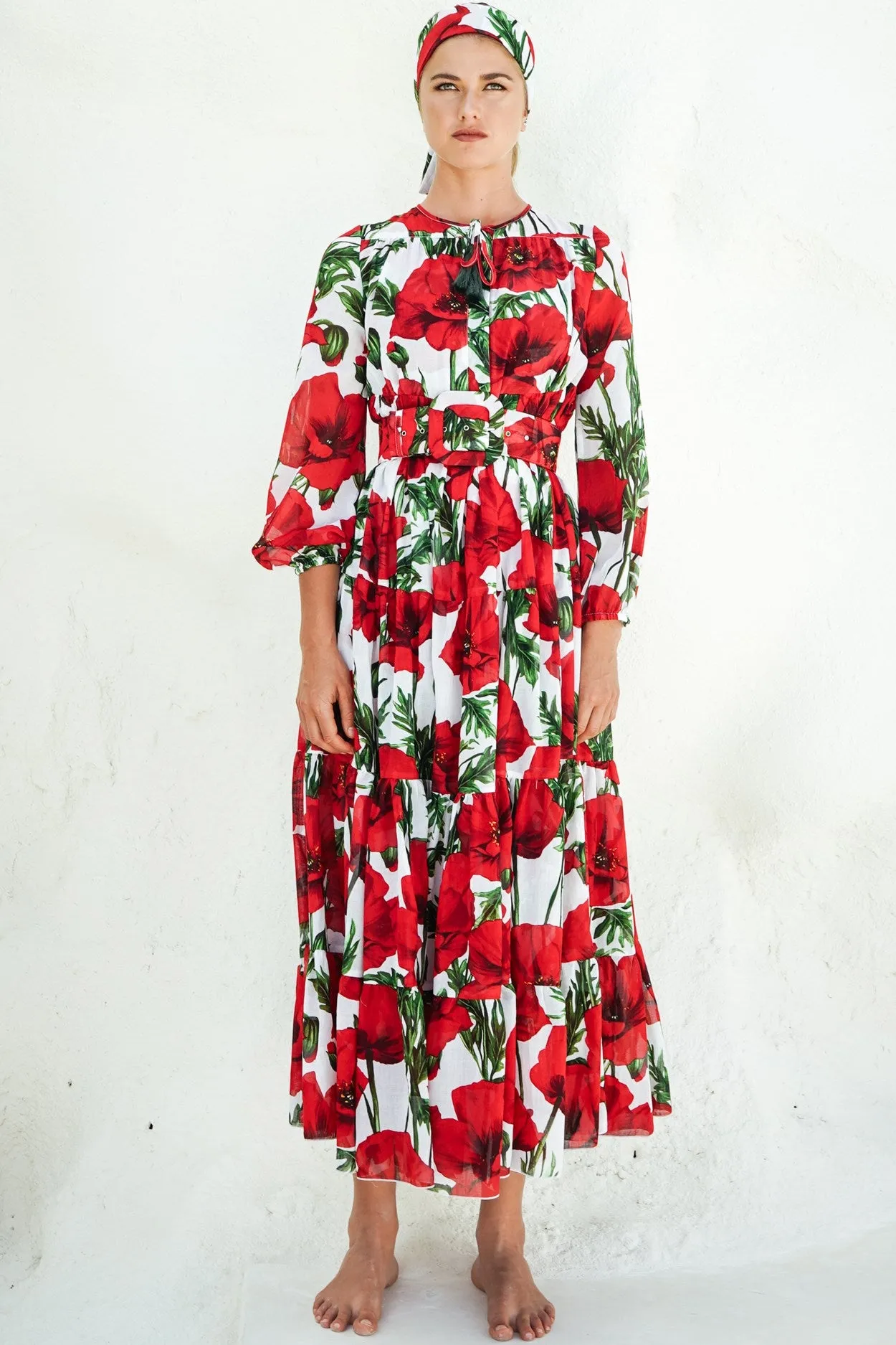 Eden Dress Crew Neck 3/4 Sleeve with Hamilton Belt Maxi  Length Cotton Musola (Poppy Poland Big)