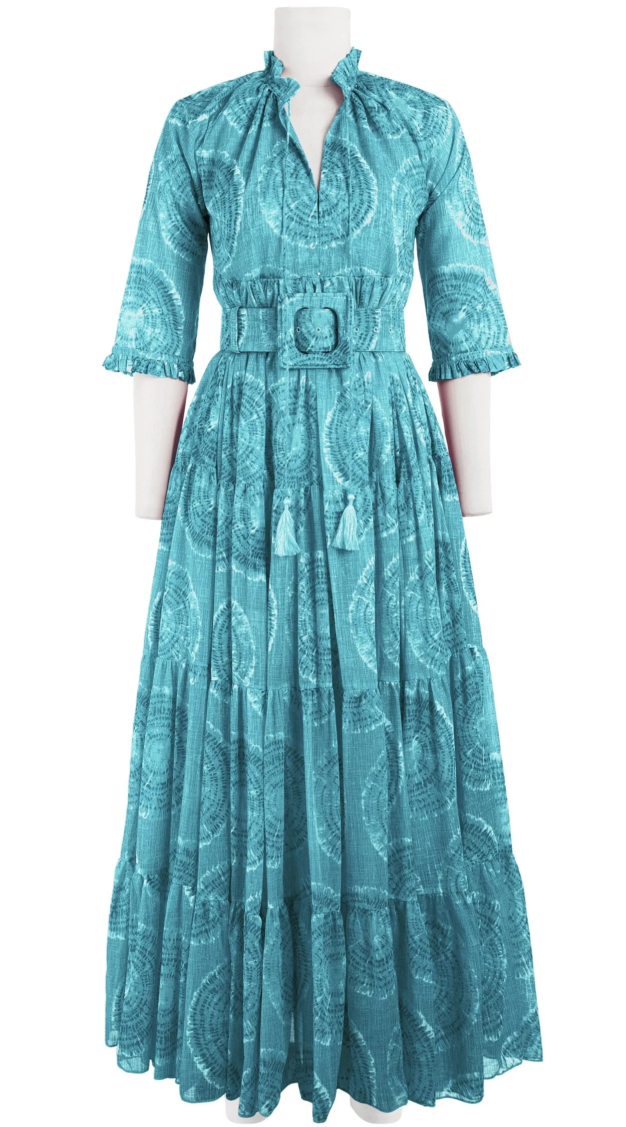 Eden Dress Crew Neck 3/4 Sleeve with Hamilton Belt Maxi Length Cotton Musola (Shibori Seagrass)