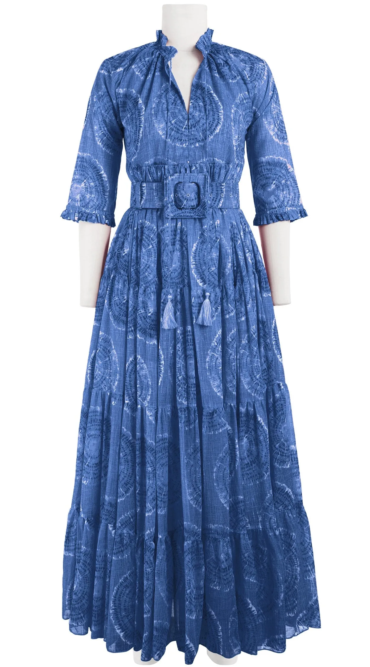 Eden Dress Crew Neck 3/4 Sleeve with Hamilton Belt Maxi Length Cotton Musola (Shibori Seagrass)