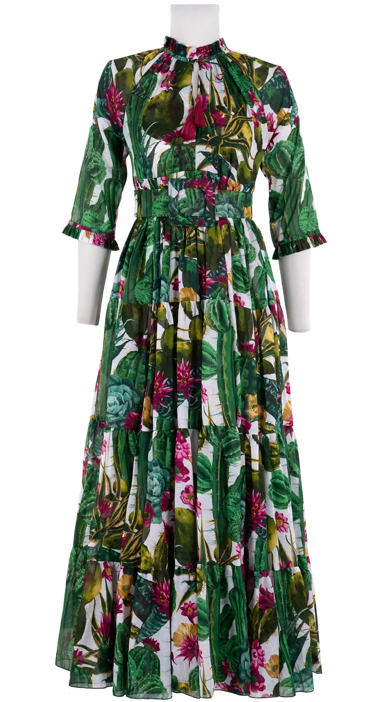 Eden Dress Crew Neck 3/4 Sleeve with Hamilton Belt Maxi Length Cotton Musola (Tropical Cactus)