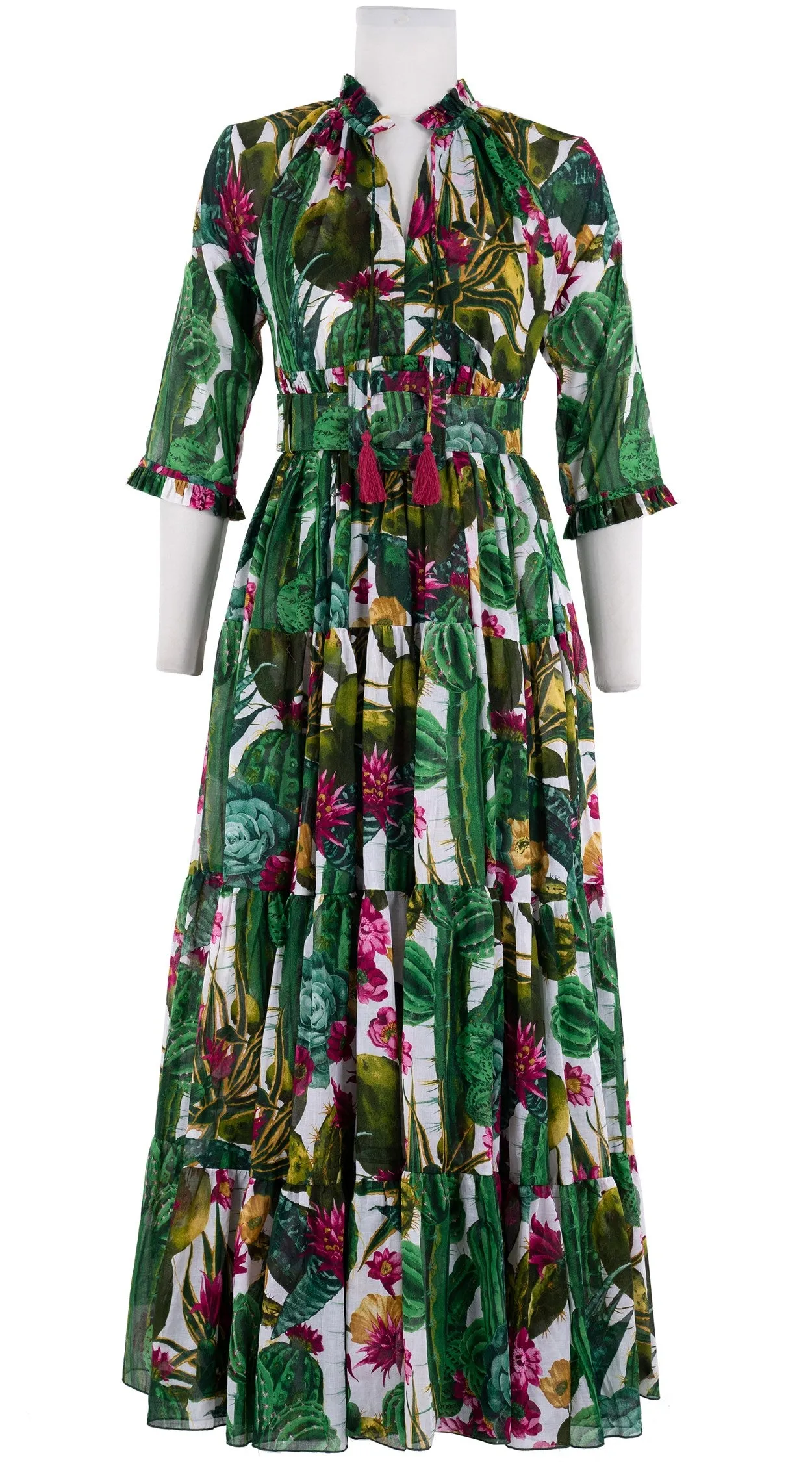 Eden Dress Crew Neck 3/4 Sleeve with Hamilton Belt Maxi Length Cotton Musola (Tropical Cactus)