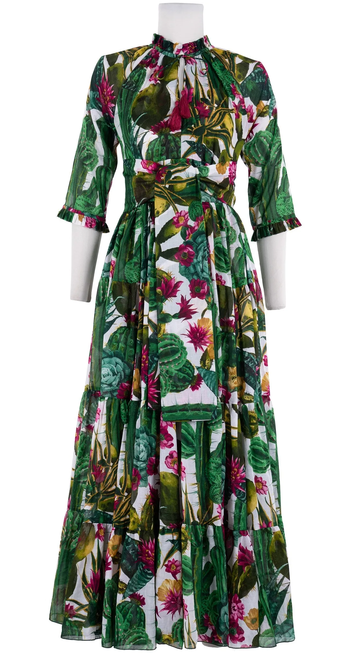 Eden Dress Crew Neck 3/4 Sleeve with Hamilton Belt Maxi Length Cotton Musola (Tropical Cactus)