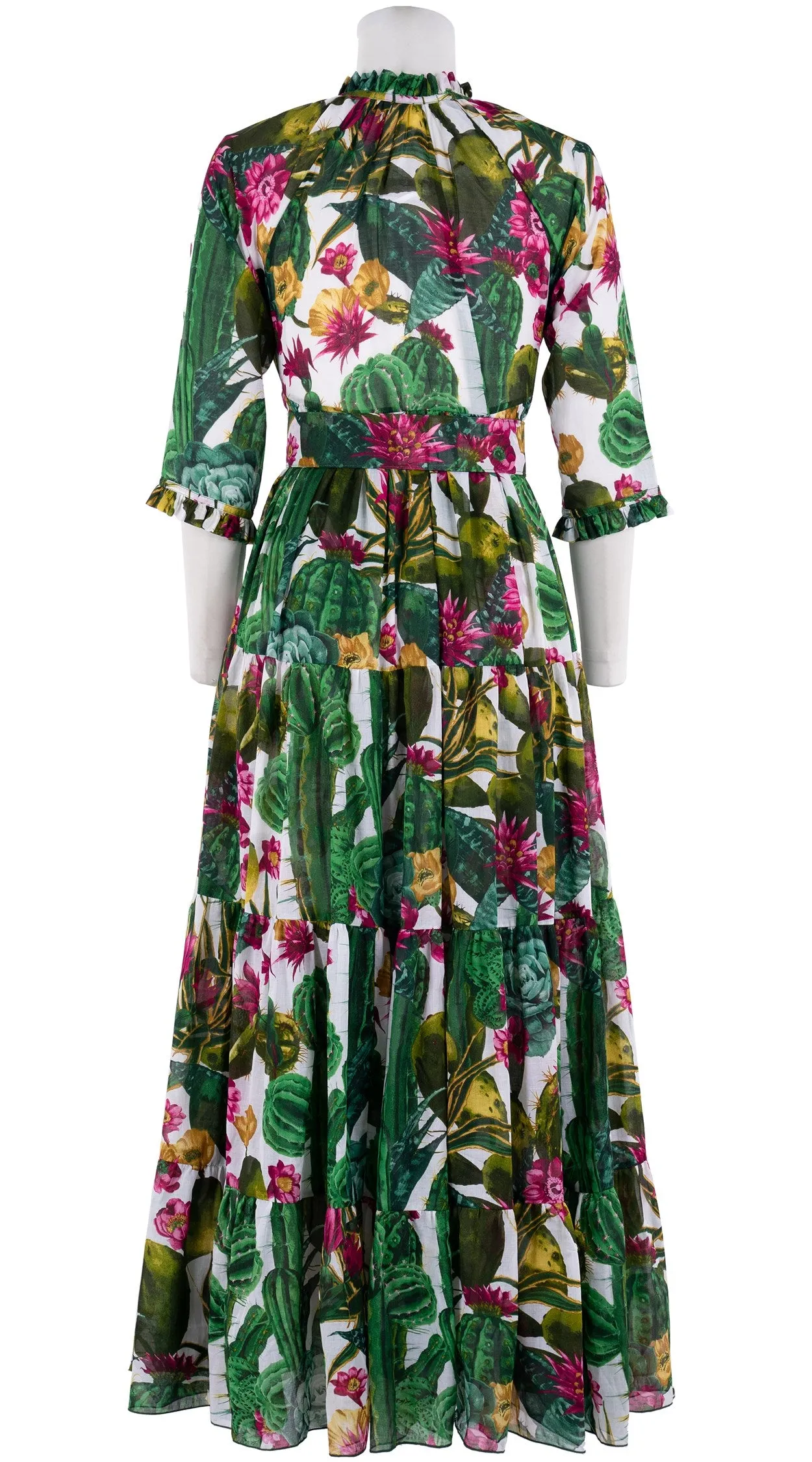 Eden Dress Crew Neck 3/4 Sleeve with Hamilton Belt Maxi Length Cotton Musola (Tropical Cactus)