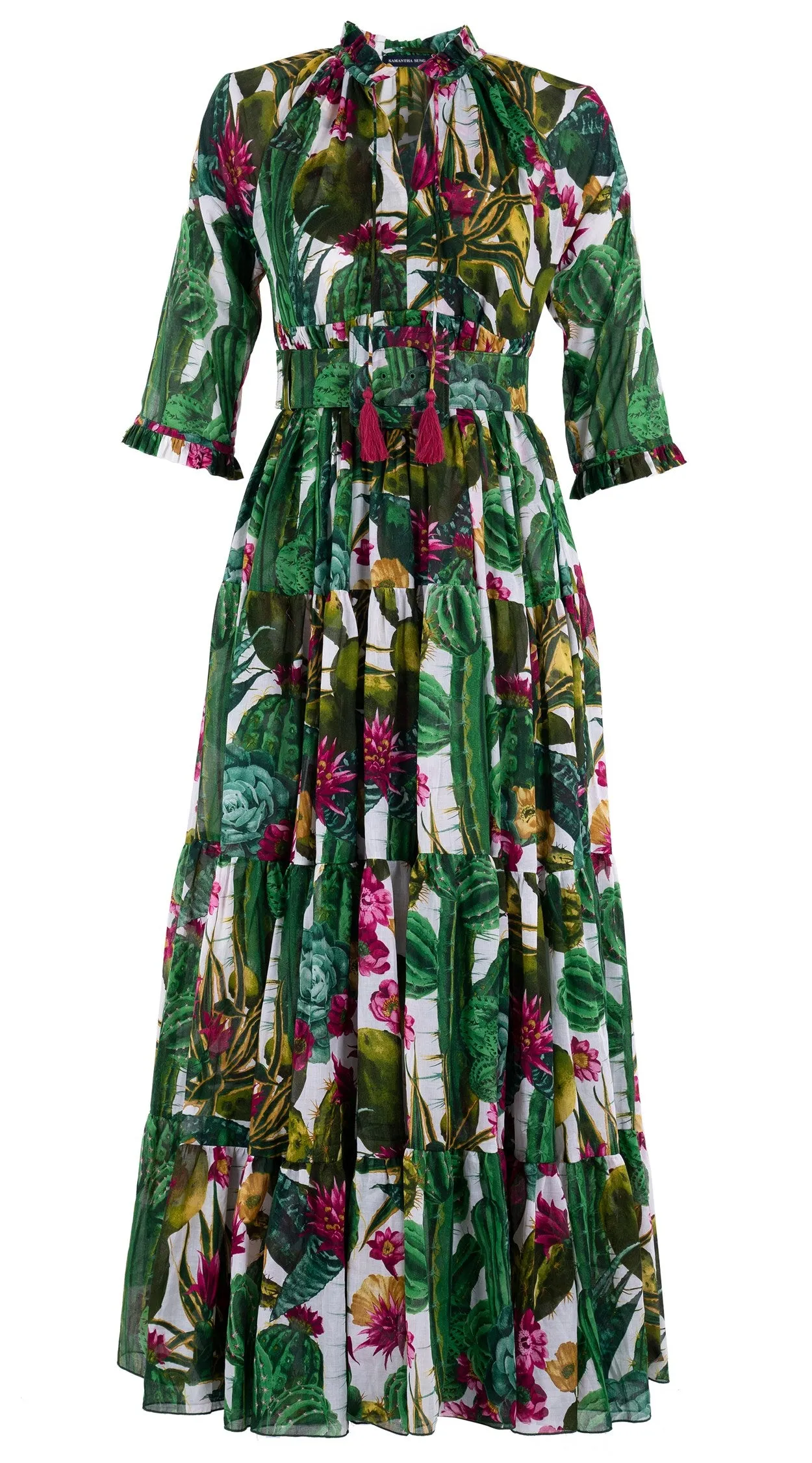 Eden Dress Crew Neck 3/4 Sleeve with Hamilton Belt Maxi Length Cotton Musola (Tropical Cactus)