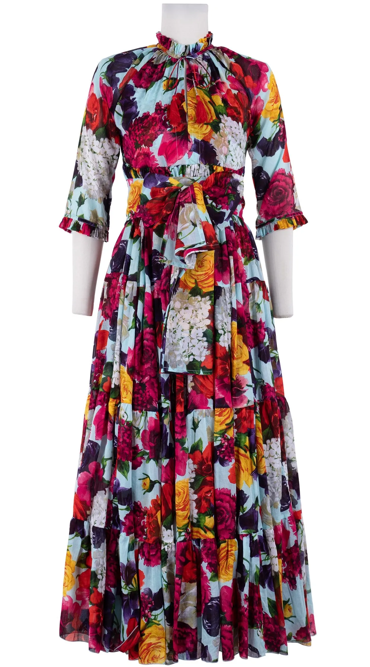 Eden Dress Crew Neck 3/4 Sleeve with Hamilton Belt Maxi Length Cotton Musola (Zinnia Flower)