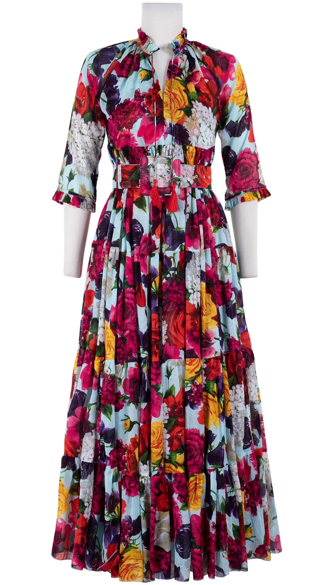 Eden Dress Crew Neck 3/4 Sleeve with Hamilton Belt Maxi Length Cotton Musola (Zinnia Flower)