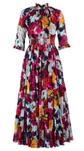 Eden Dress Crew Neck 3/4 Sleeve with Hamilton Belt Maxi Length Cotton Musola (Zinnia Flower)