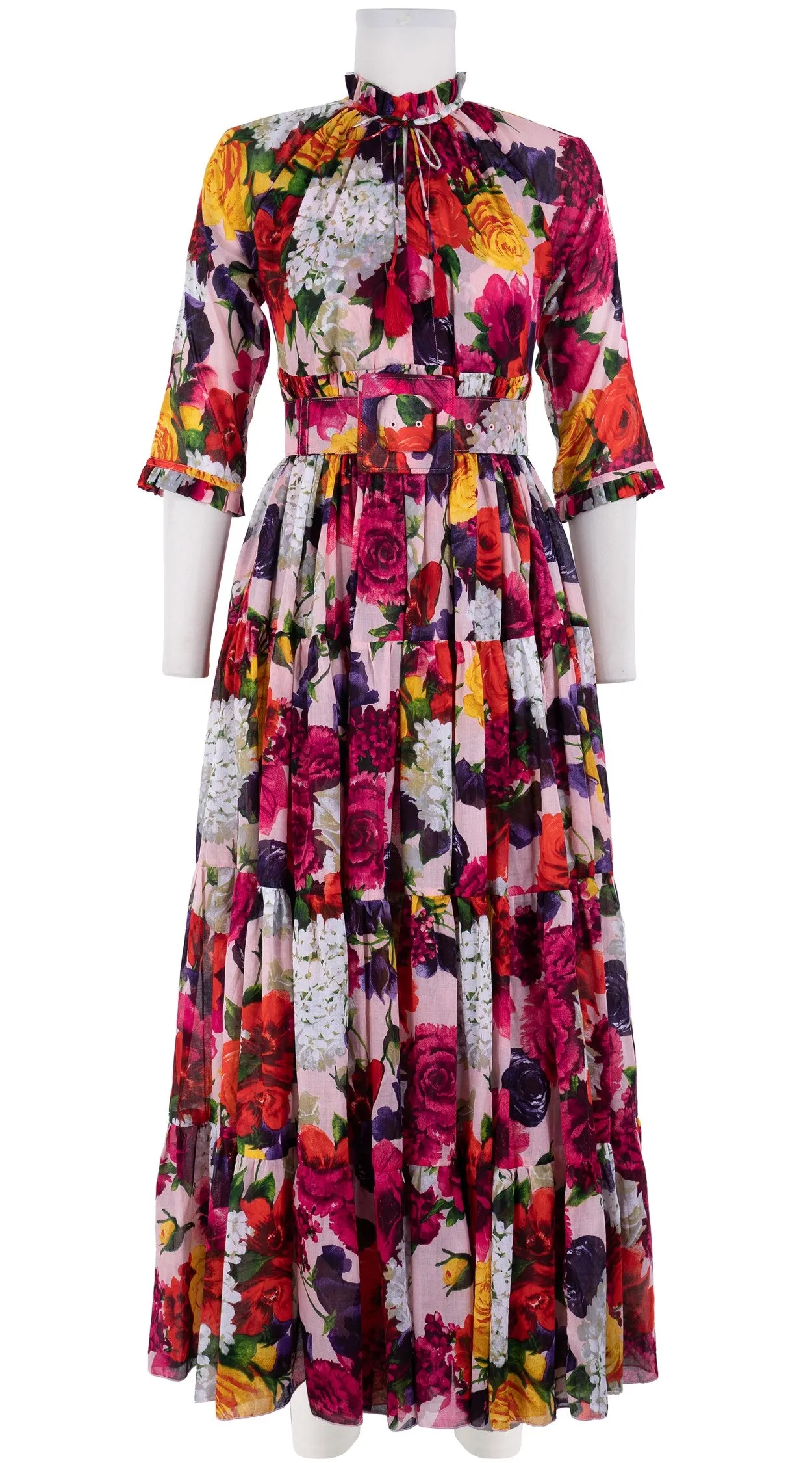 Eden Dress Crew Neck 3/4 Sleeve with Hamilton Belt Maxi Length Cotton Musola (Zinnia Flower)