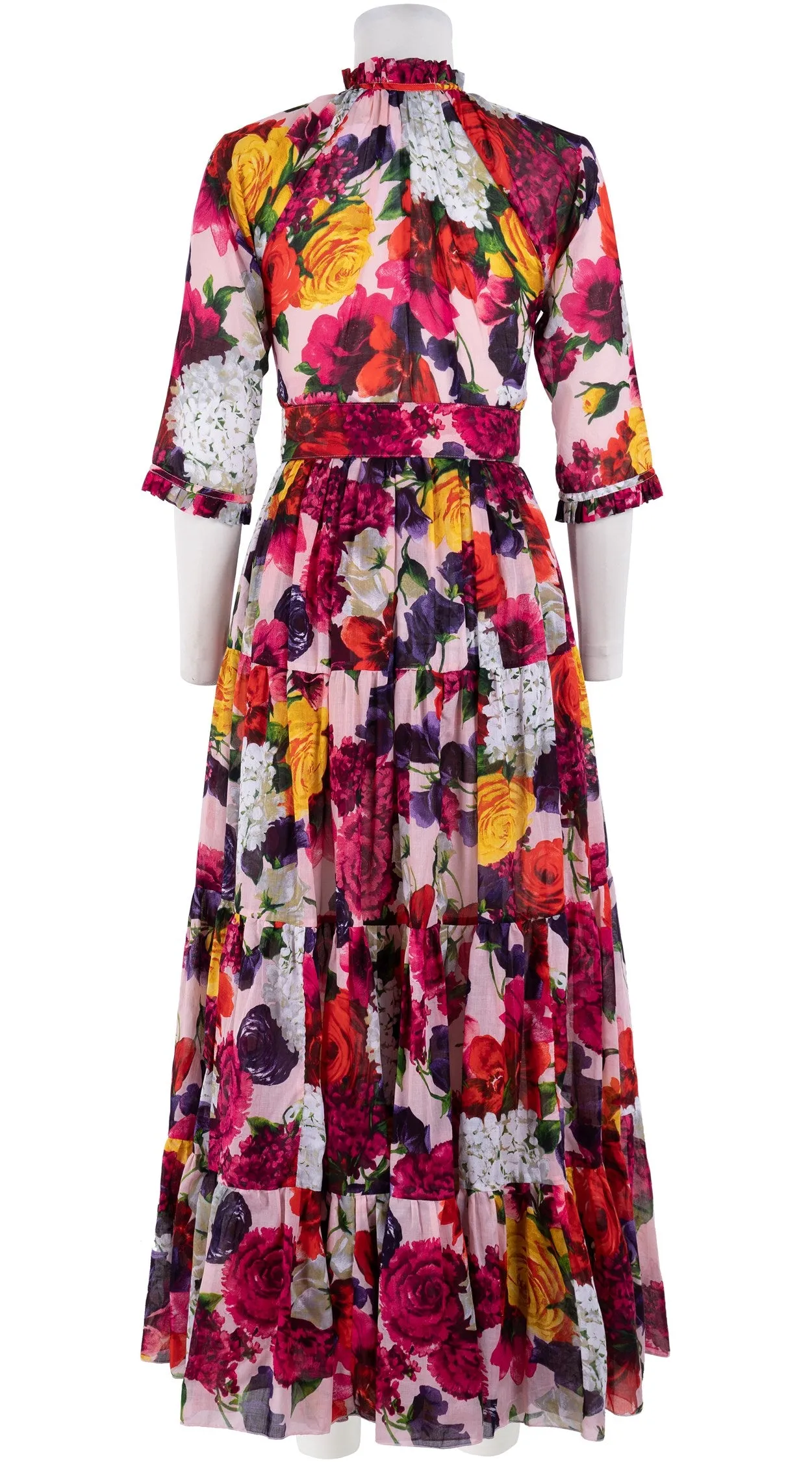 Eden Dress Crew Neck 3/4 Sleeve with Hamilton Belt Maxi Length Cotton Musola (Zinnia Flower)