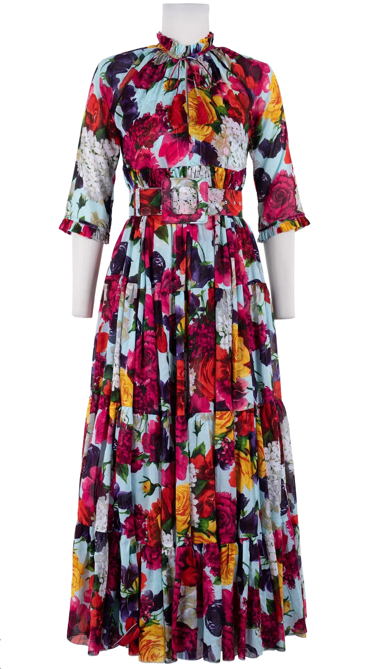 Eden Dress Crew Neck 3/4 Sleeve with Hamilton Belt Maxi Length Cotton Musola (Zinnia Flower)