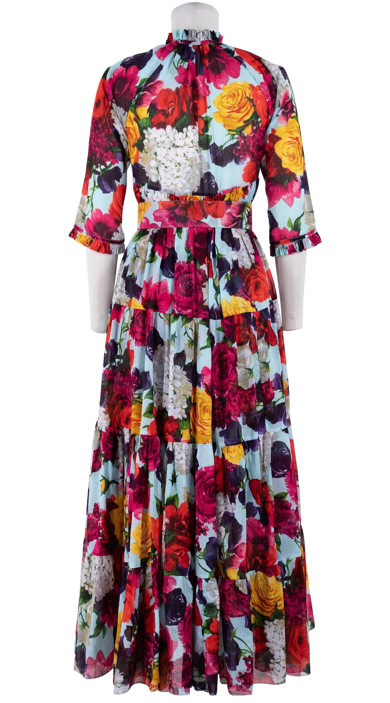 Eden Dress Crew Neck 3/4 Sleeve with Hamilton Belt Maxi Length Cotton Musola (Zinnia Flower)