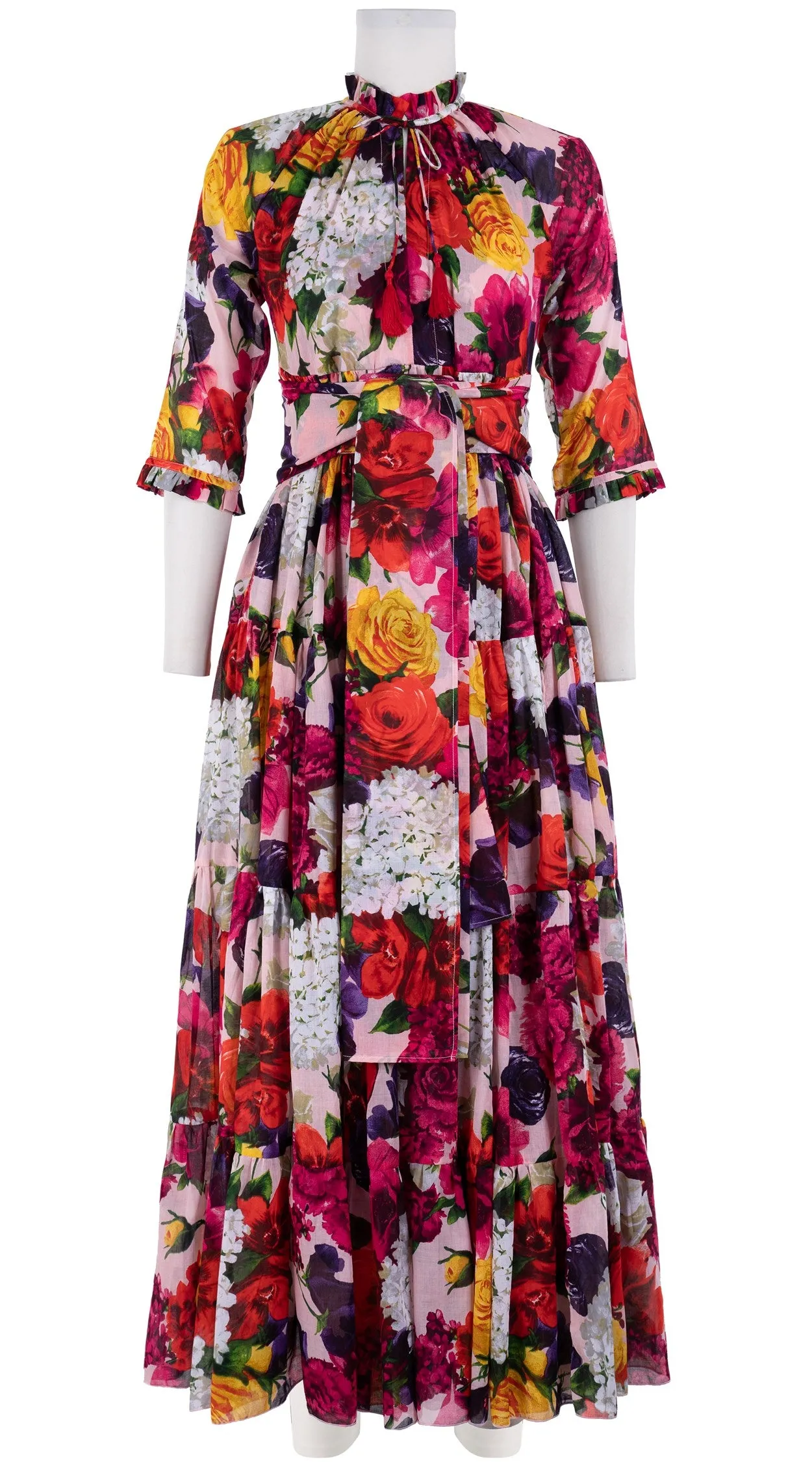 Eden Dress Crew Neck 3/4 Sleeve with Hamilton Belt Maxi Length Cotton Musola (Zinnia Flower)