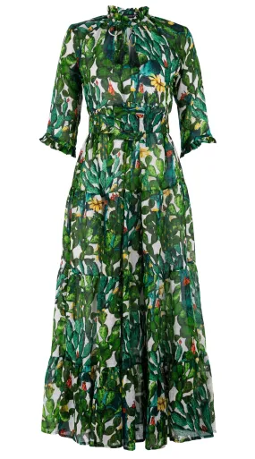 Eden Dress Crew Neck 3/4 Sleeve with Hamilton Belt Maxi Length Linen (Cactus Paradise Bright)