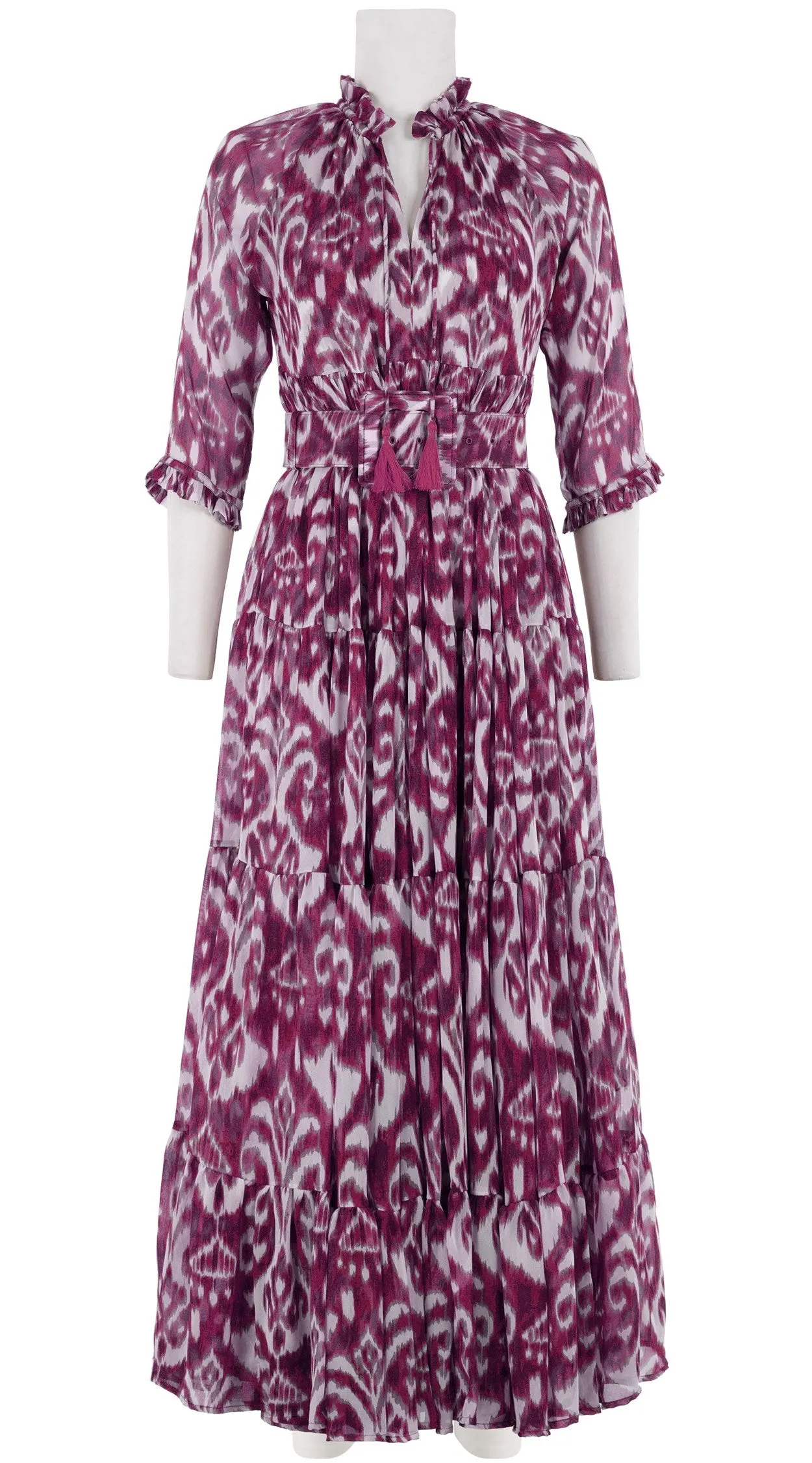 Eden Dress Crew Neck 3/4 Sleeve with Hamilton Belt Maxi Length Silk GGT (Ikat Marine)