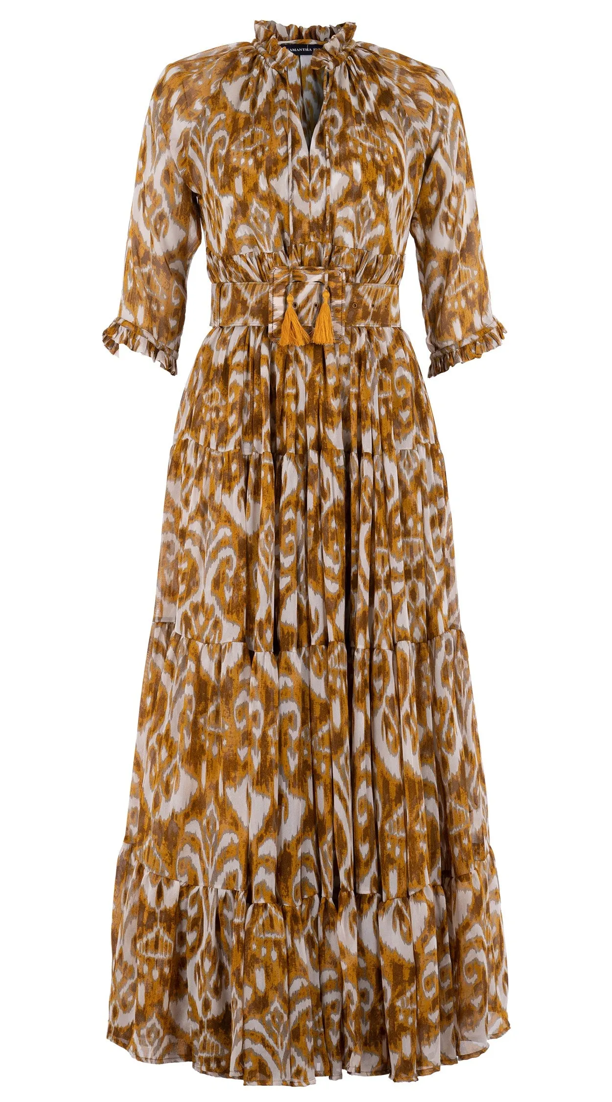 Eden Dress Crew Neck 3/4 Sleeve with Hamilton Belt Maxi Length Silk GGT (Ikat Marine)