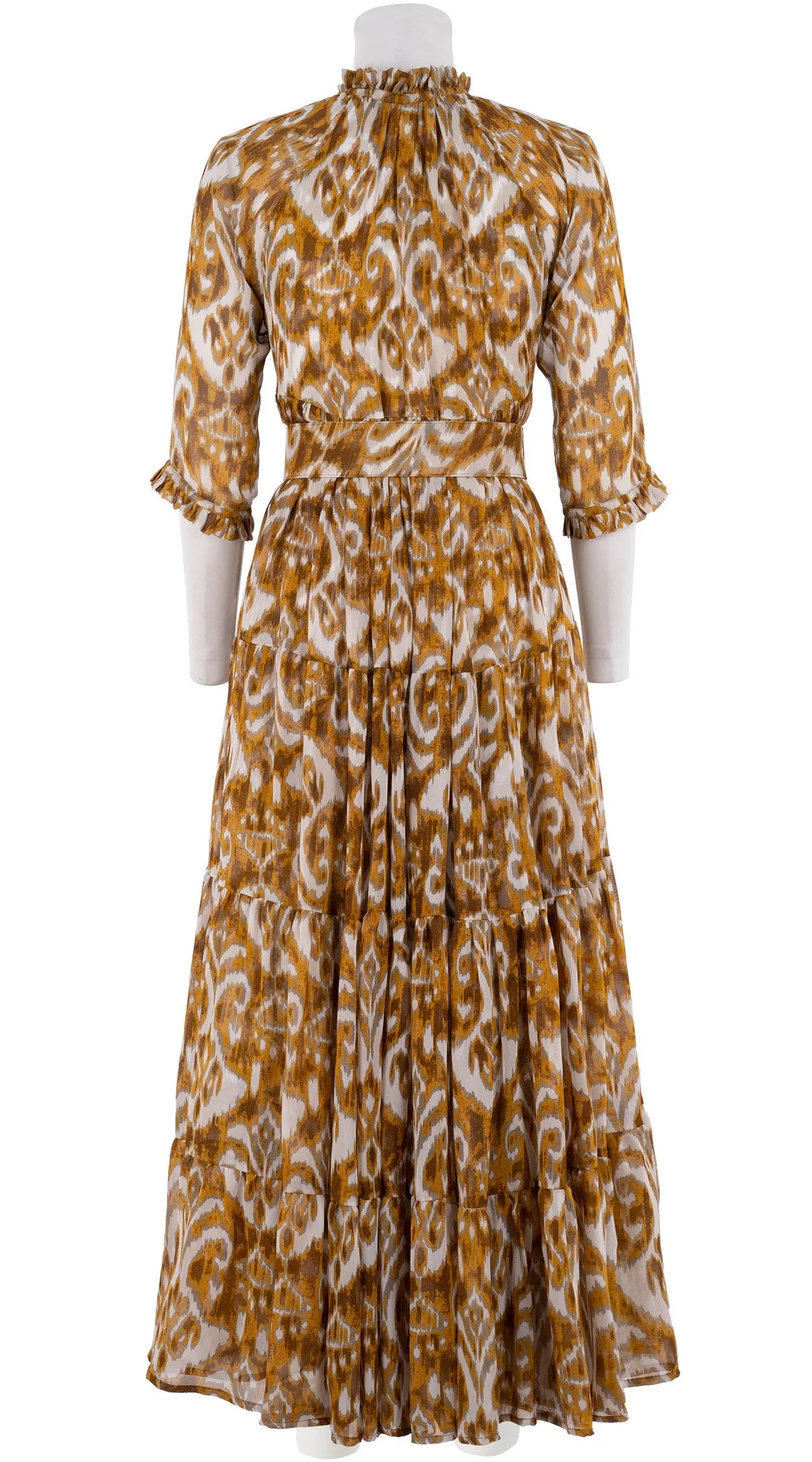 Eden Dress Crew Neck 3/4 Sleeve with Hamilton Belt Maxi Length Silk GGT (Ikat Marine)