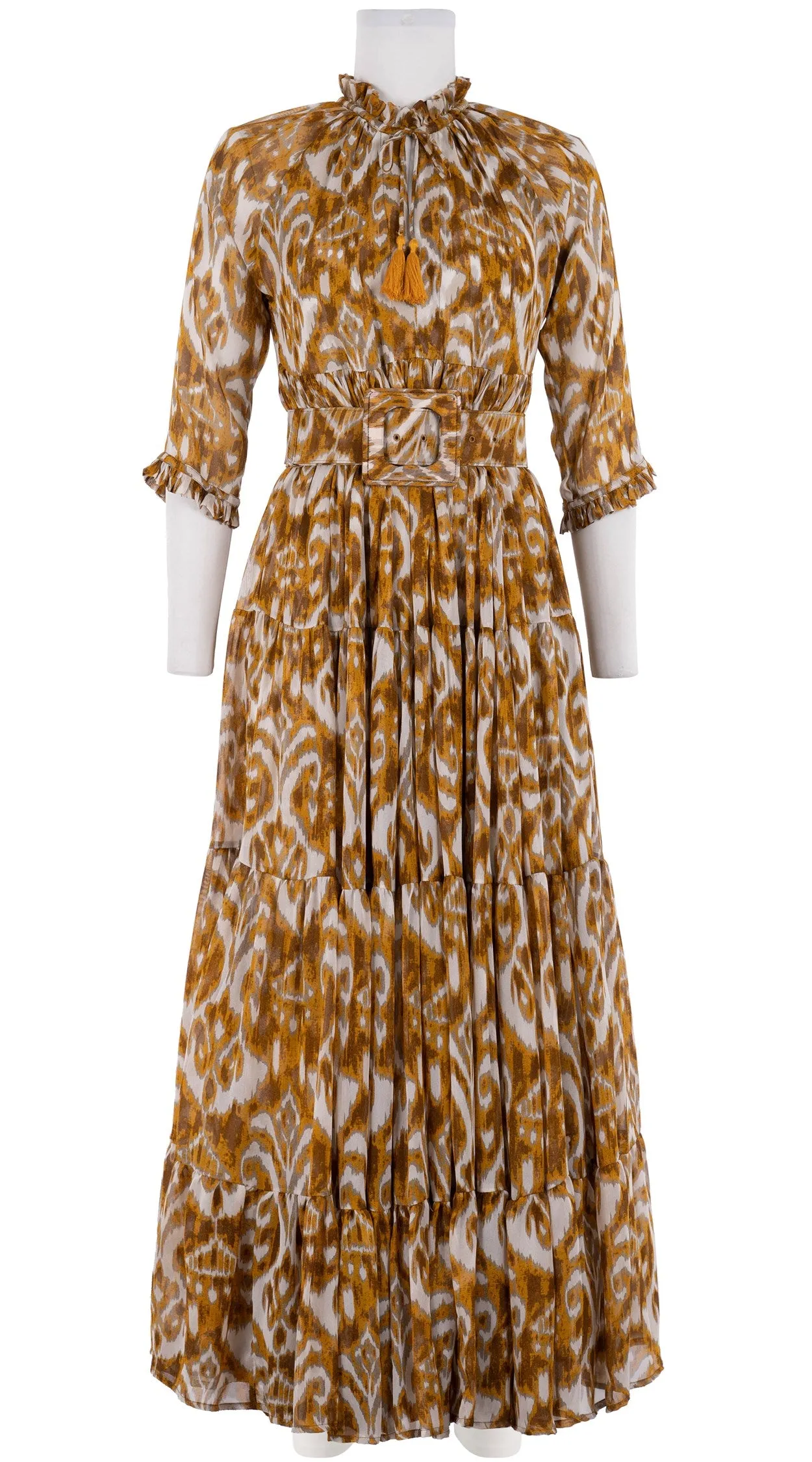 Eden Dress Crew Neck 3/4 Sleeve with Hamilton Belt Maxi Length Silk GGT (Ikat Marine)